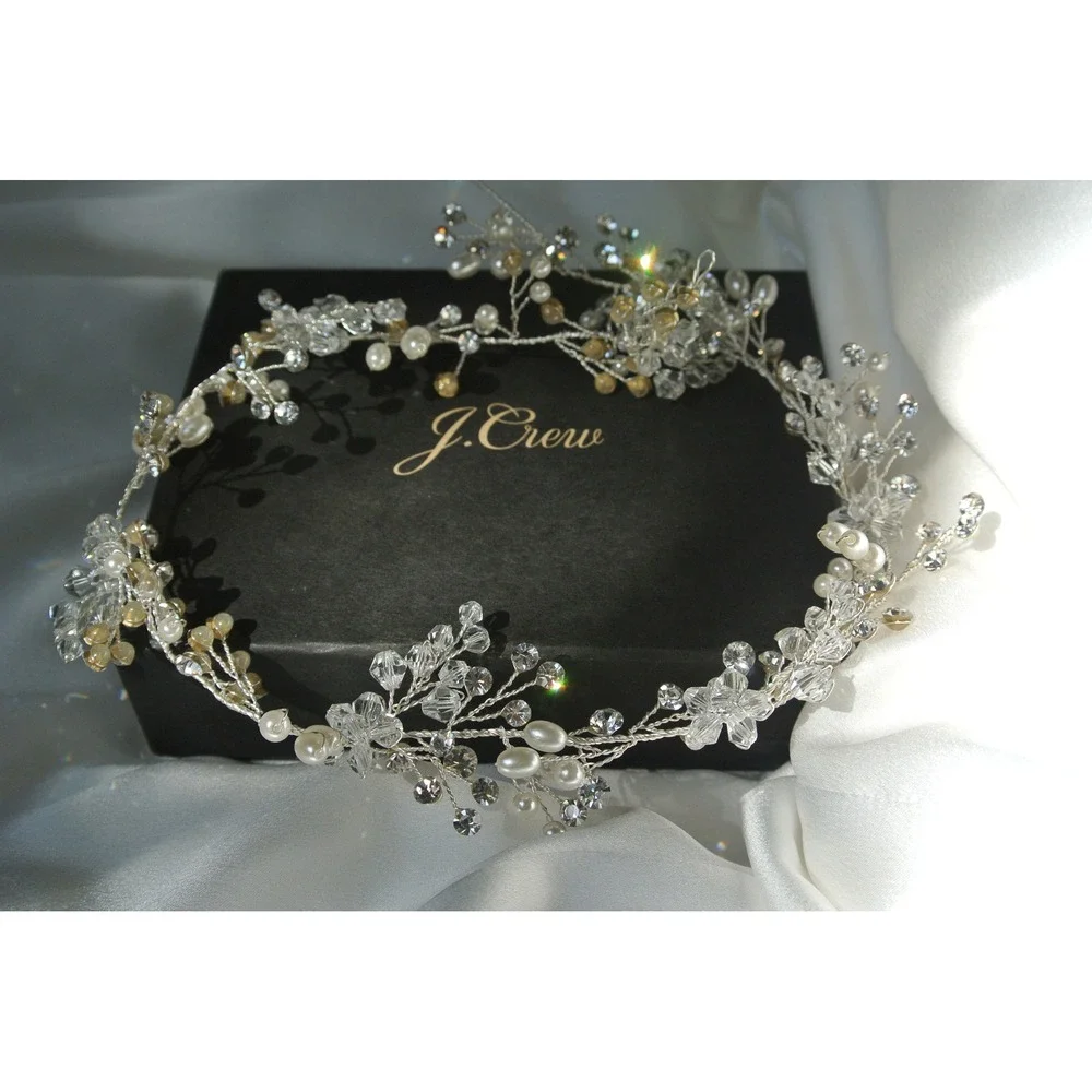 J.Crew Crystal and Pearl Floral Vine Bridal Headpiece Silver Tone OS